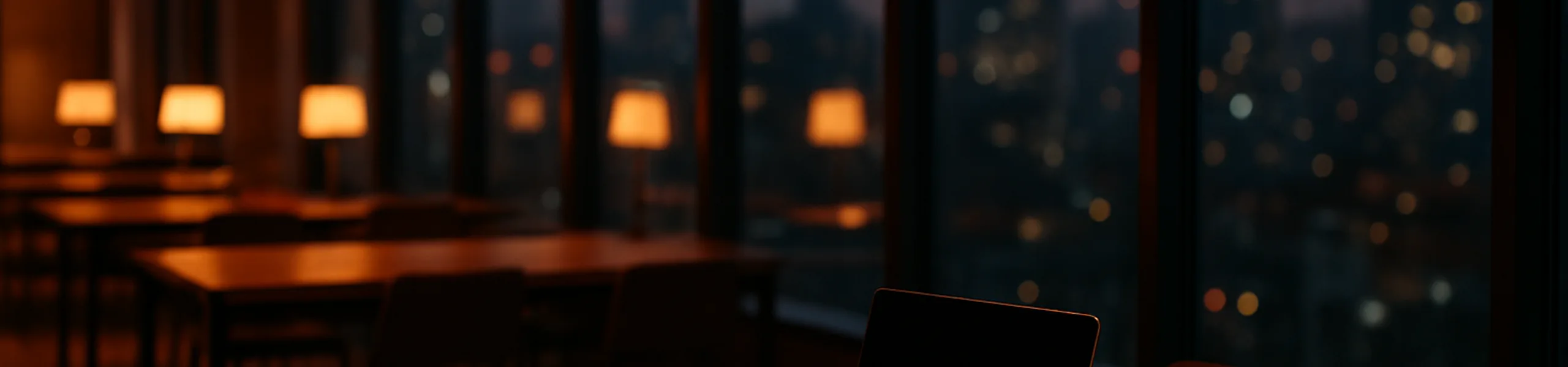 해질녘 서울 업무 공간 창가의 노트북과 자료 정리 책상